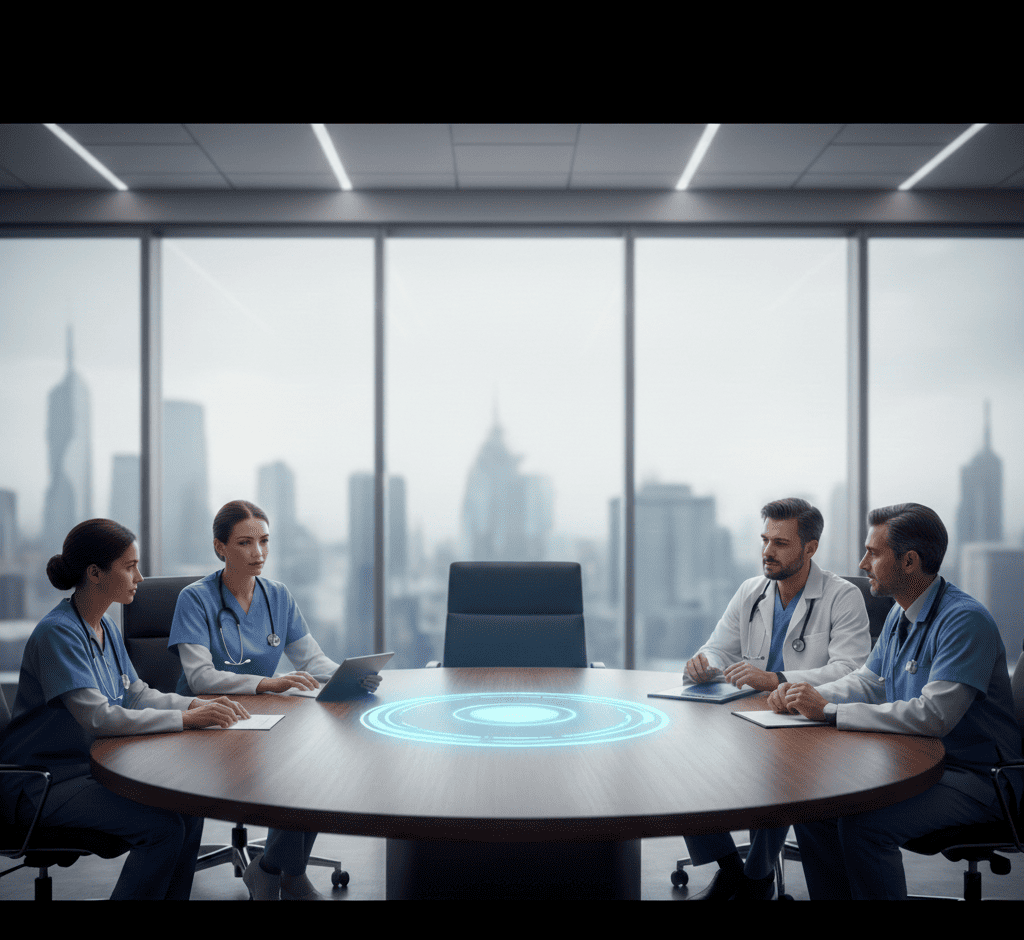 Illustration representing the future of skilled nursing automation, featuring AI-powered eFax classification and intelligent document processing to streamline healthcare workflows