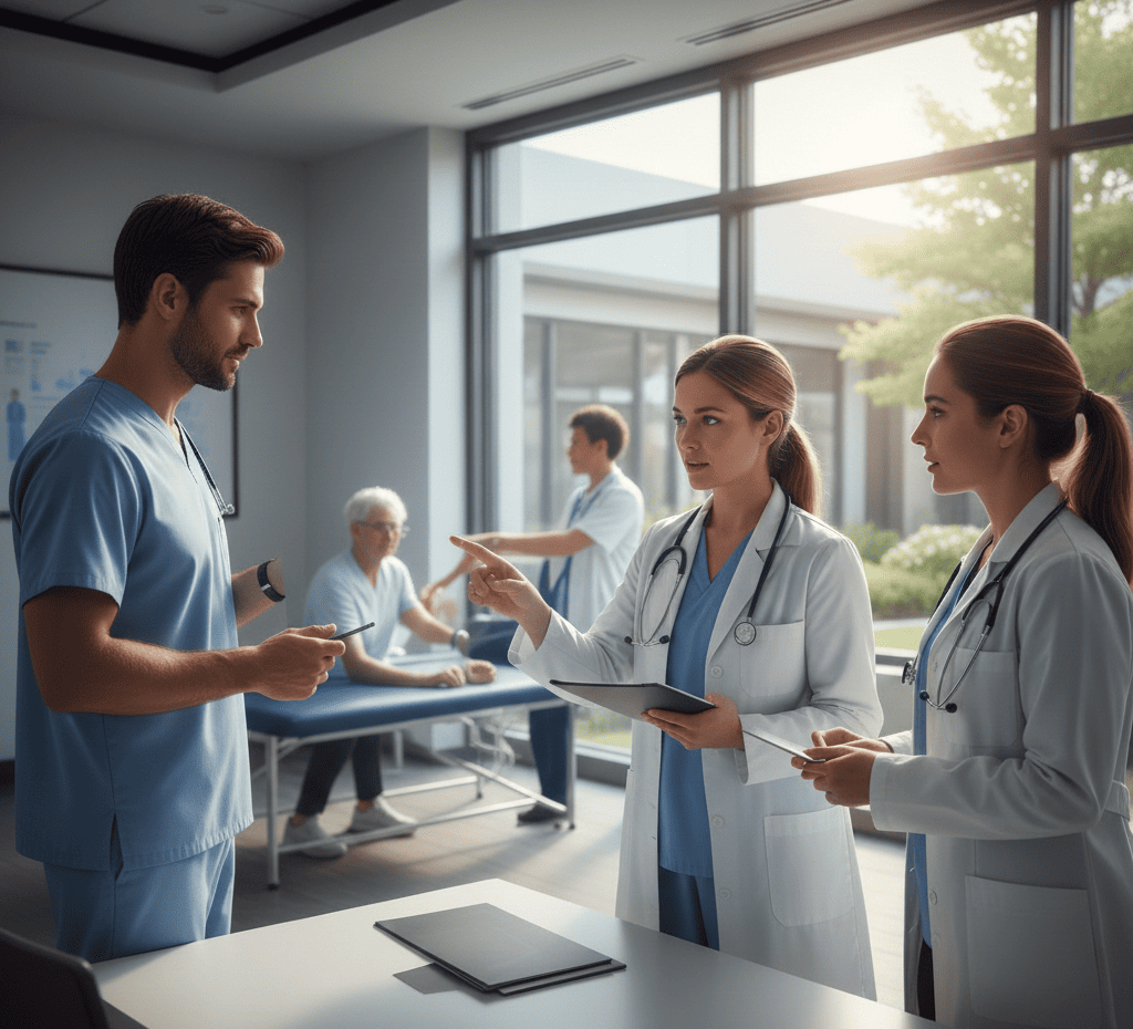 Illustration of AI assistant supporting clinician workflow in a skilled nursing facility