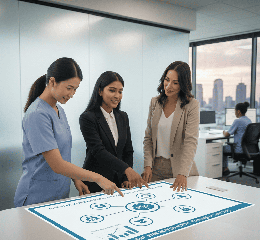 Illustration of SNF EMR integration challenges causing disconnected healthcare systems