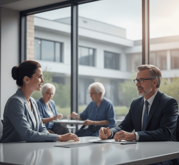 Illustration of skilled nursing facility transitioning to AI-based claims processing system